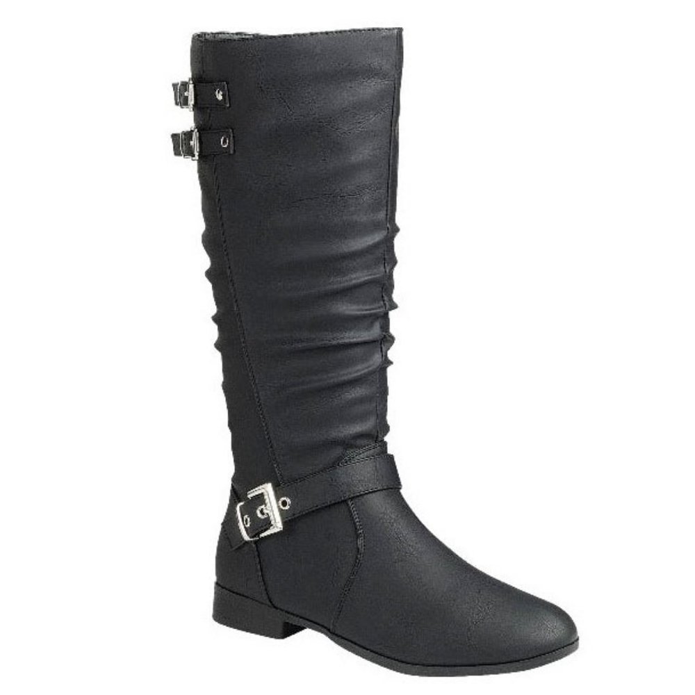 New Black Buckle Slouchy Mid-Calf Riding Boots